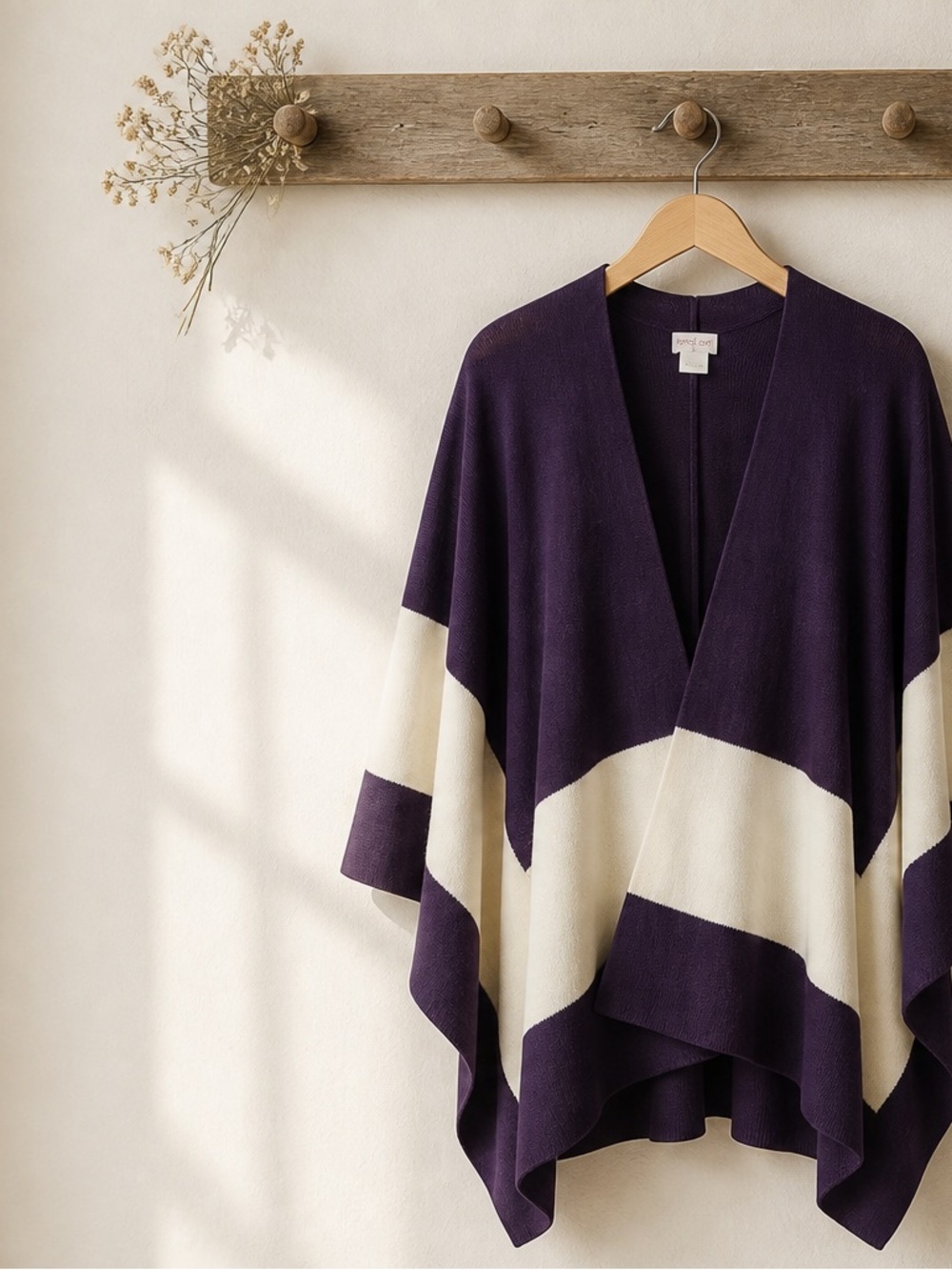 Colorblock Open-Front Poncho Sweater in Purple and Cream